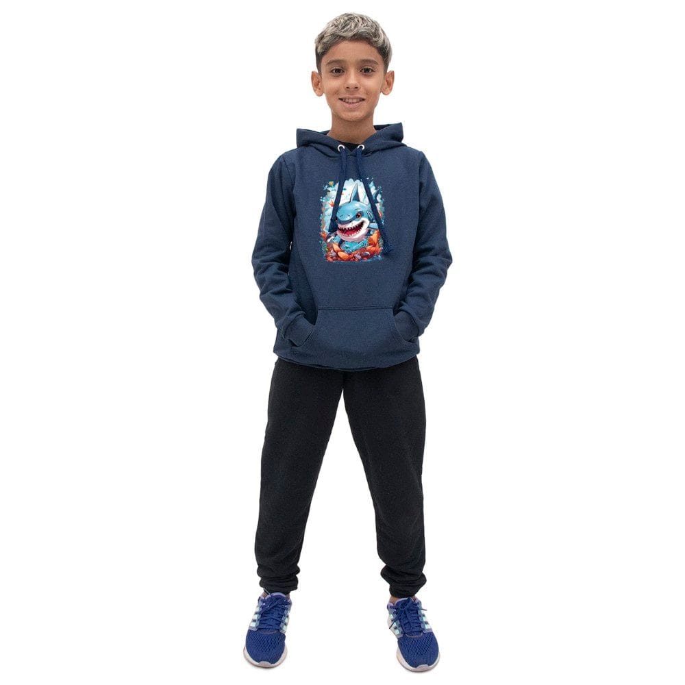 Conjunto Infantil Menino Blusa Manga Longa Estampa de Tubarao e Calça Lisa Moletom Confortavel