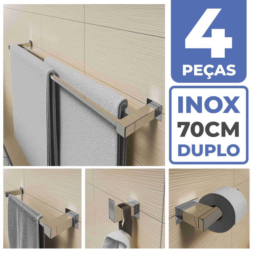Kit Acessórios Para Banheiro 4 Peças Aço Inox Linha Quadrada Q4D