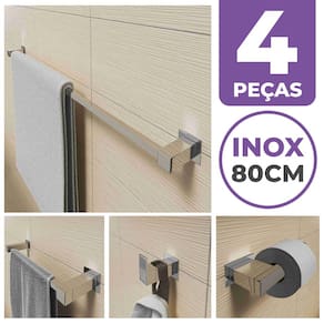 Kit Acessórios Para Banheiro 4 Peças Aço Inox Linha Quadrada Q4E