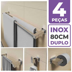 Kit Acessórios Para Banheiro 4 Peças Aço Inox Linha Quadrada Q4F