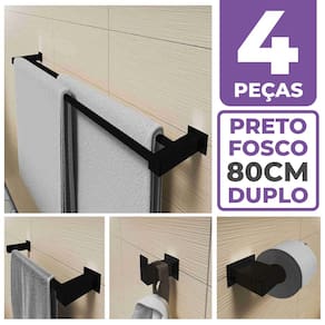 Kit Acessórios Para Banheiro 4 Peças Aço Inox Preto Fosco Linha Quadrada Q4FPF