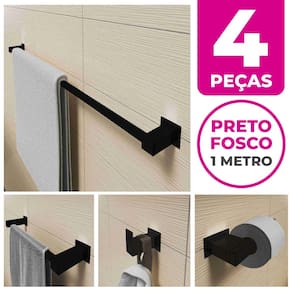 Kit Acessórios Para Banheiro 4 Peças Aço Inox Preto Fosco Linha Quadrada Q4GPF