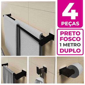 Kit Acessórios Para Banheiro 4 Peças Aço Inox Preto Fosco Linha Quadrada Q4HPF
