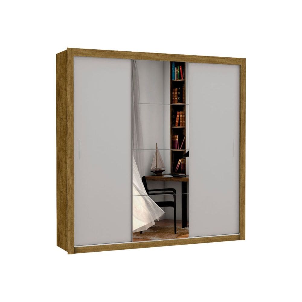 Guarda Roupa Casal Porta Correr c/ espelho 3 portas e 4 gavetas Veneza –– Freijó/Off White