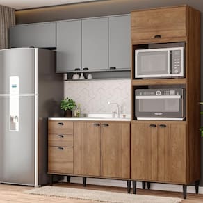 Armário de Cozinha Completa c/ Balcão Lótus Edge Carraro Freijó com Cinza Titânio