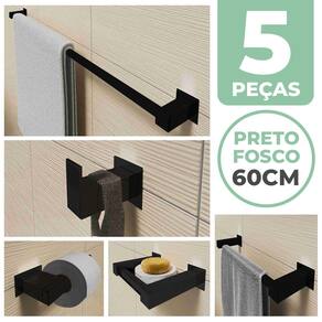 Kit Acessórios Para Banheiro 5 Peças Aço Inox Preto Fosco Linha Quadrada Q5APF