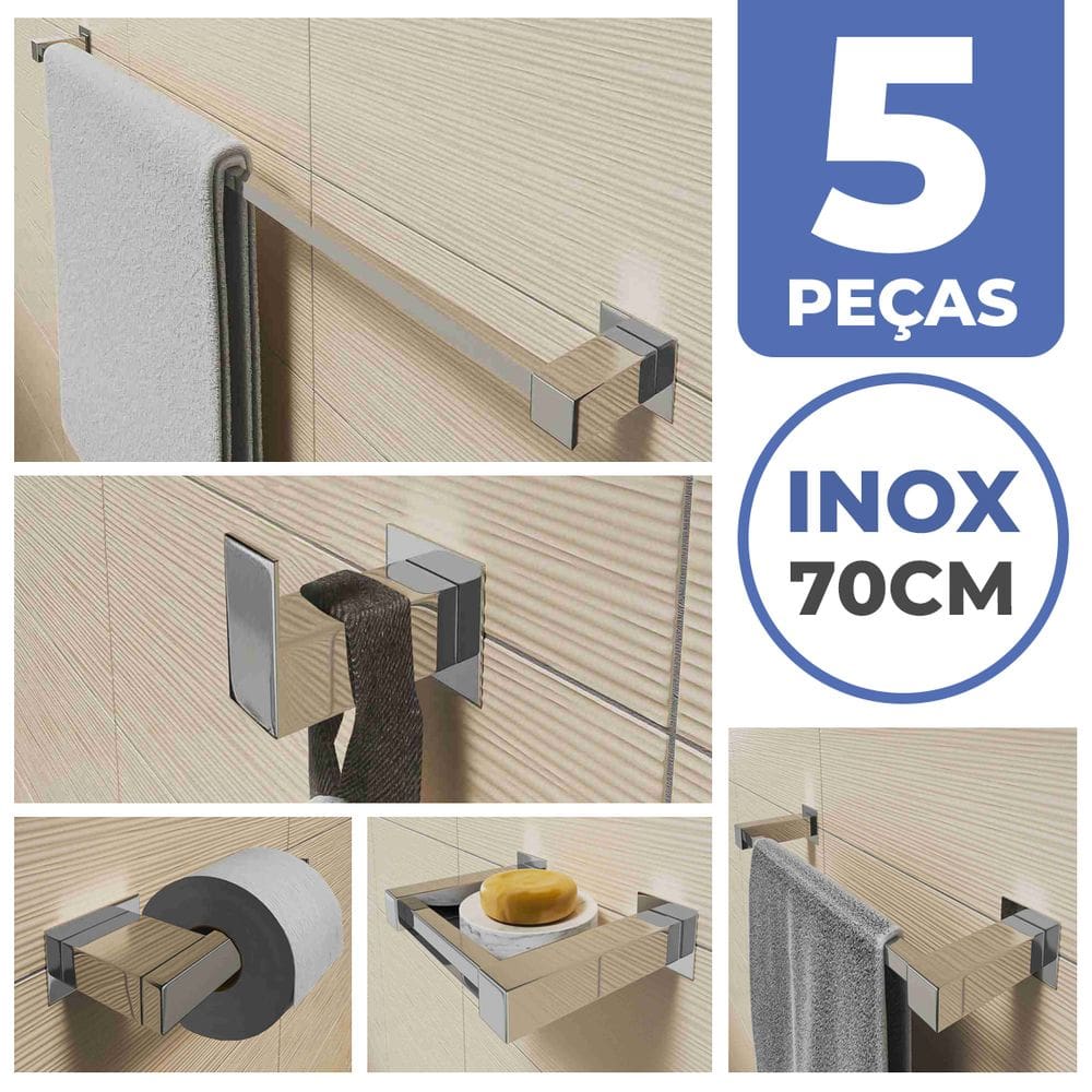 Kit Acessórios Para Banheiro 5 Peças Aço Inox Linha Quadrada Q5B