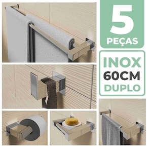 Kit Acessórios Para Banheiro 5 Peças Aço Inox Linha Quadrada Q5C