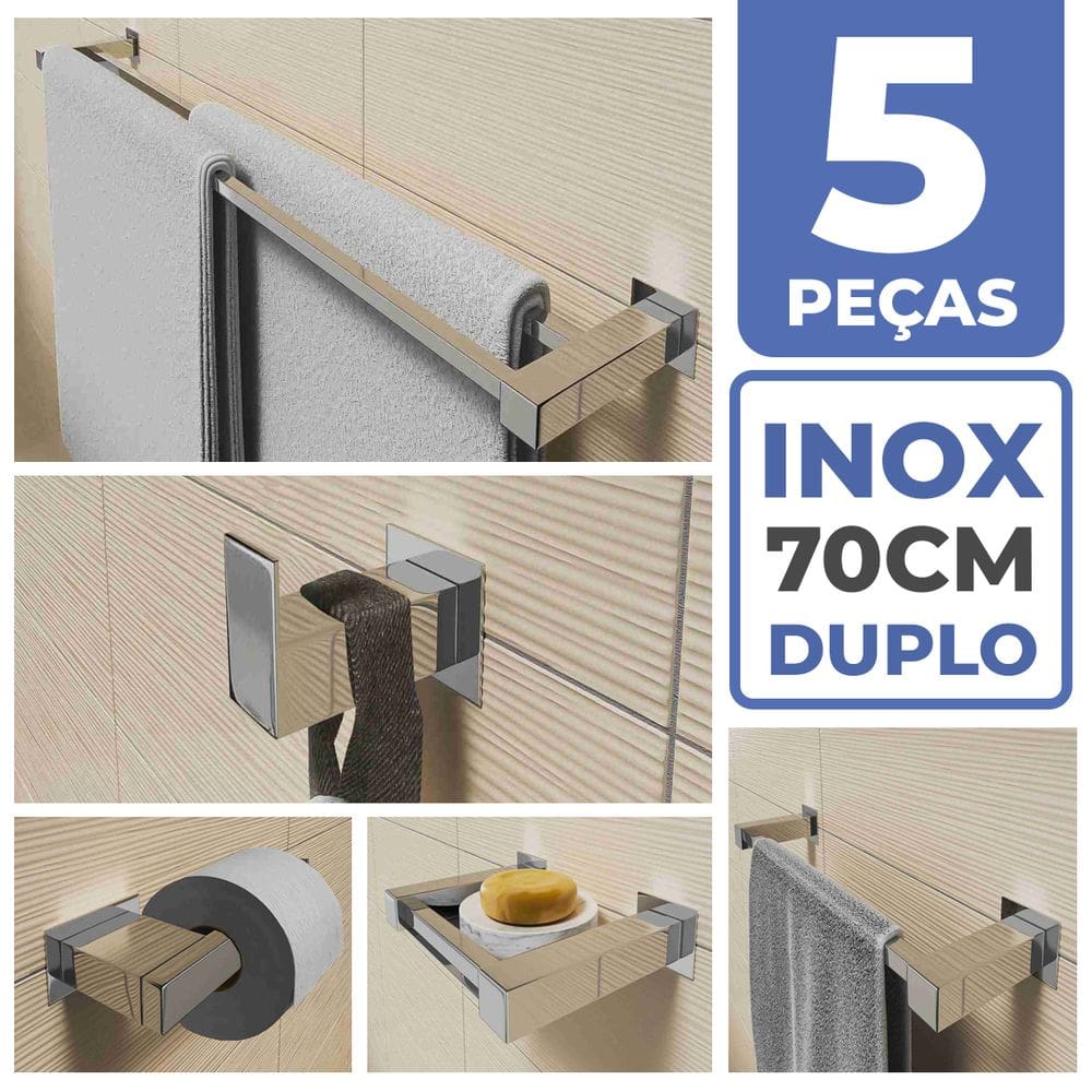 Kit Acessórios Para Banheiro 5 Peças Aço Inox Linha Quadrada Q5D