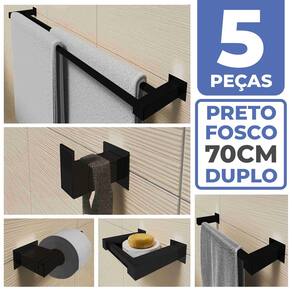 Kit Acessórios Para Banheiro 5 Peças Aço Inox Preto Fosco Linha Quadrada Q5DPF