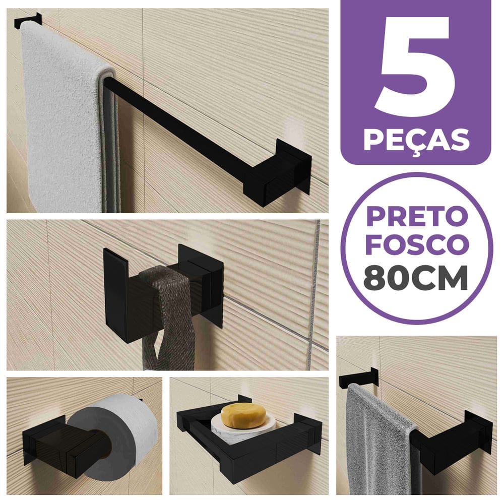 Kit Acessórios Para Banheiro 5 Peças Aço Inox Preto Fosco Linha Quadrada Q5EPF