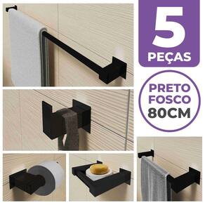 Kit Acessórios Para Banheiro 5 Peças Aço Inox Preto Fosco Linha Quadrada Q5EPF