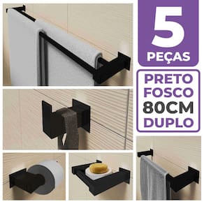 Kit Acessórios Para Banheiro 5 Peças Aço Inox Preto Fosco Linha Quadrada Q5FPF