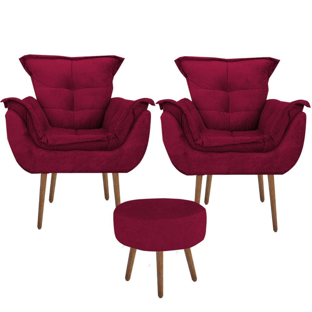 Kit 2 Poltronas Decorativa Opala com Puff Redondo Suede Vermelho