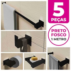 Kit Acessórios Para Banheiro 5 Peças Aço Inox Preto Fosco Linha Quadrada Q5GPF