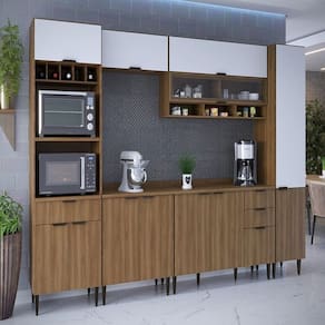 Cozinha Compacta 6 Peças 12 Portas 4 Gavetas Paris Nogal Manchester/ Branco Brilhante