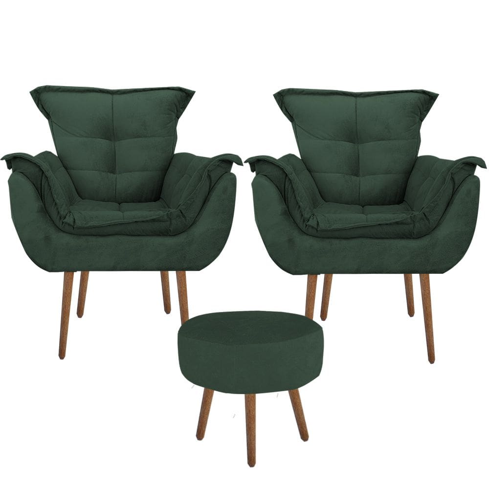 Kit 2 Poltronas Decorativa Opala com Puff Redondo Suede Verde