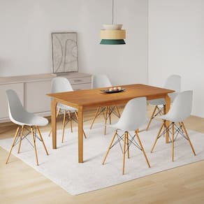 Conjunto Sala de Jantar Mesa Madeira Maciça com 6 Cadeiras Eames Espresso Móveis Cinamomo/Branco