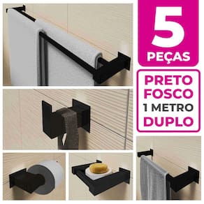 Kit Acessórios Para Banheiro 5 Peças Aço Inox Preto Fosco Linha Quadrada Q5HPF