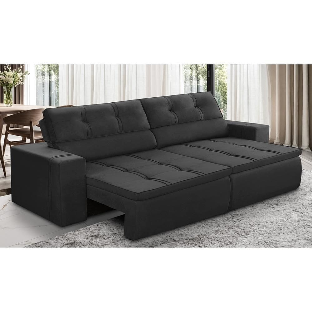 Sofá Retrátil e Reclinável 3 lugares 2,10m com Molas Stella Suede Preto Adonai Estofados