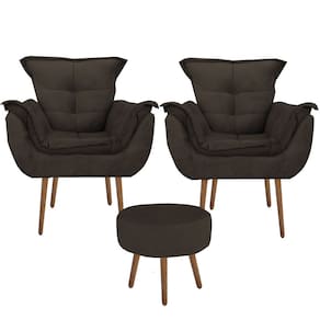 Kit 2 Poltronas Decorativa Opala com Puff Redondo Suede Marrom