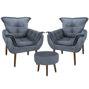 Kit 2 Poltronas Decorativa Opala com Puff Redondo Suede Grafitte