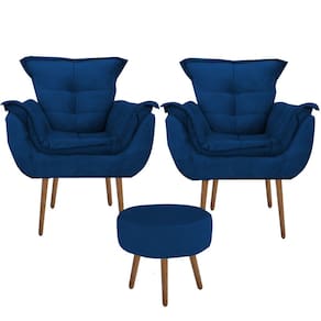 Kit 2 Poltronas Decorativa Opala com Puff Redondo Suede Marinho