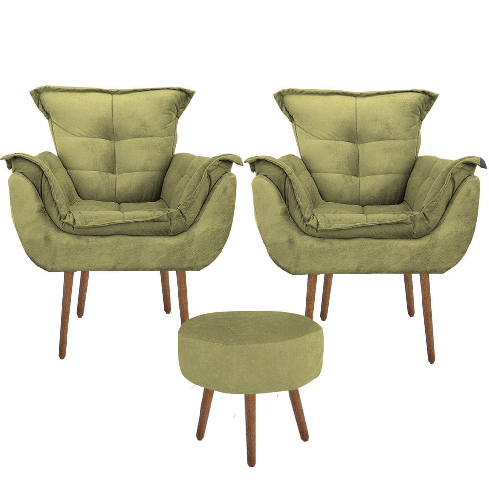 Kit 2 Poltronas Decorativa Opala com Puff Redondo Suede Amarelo
