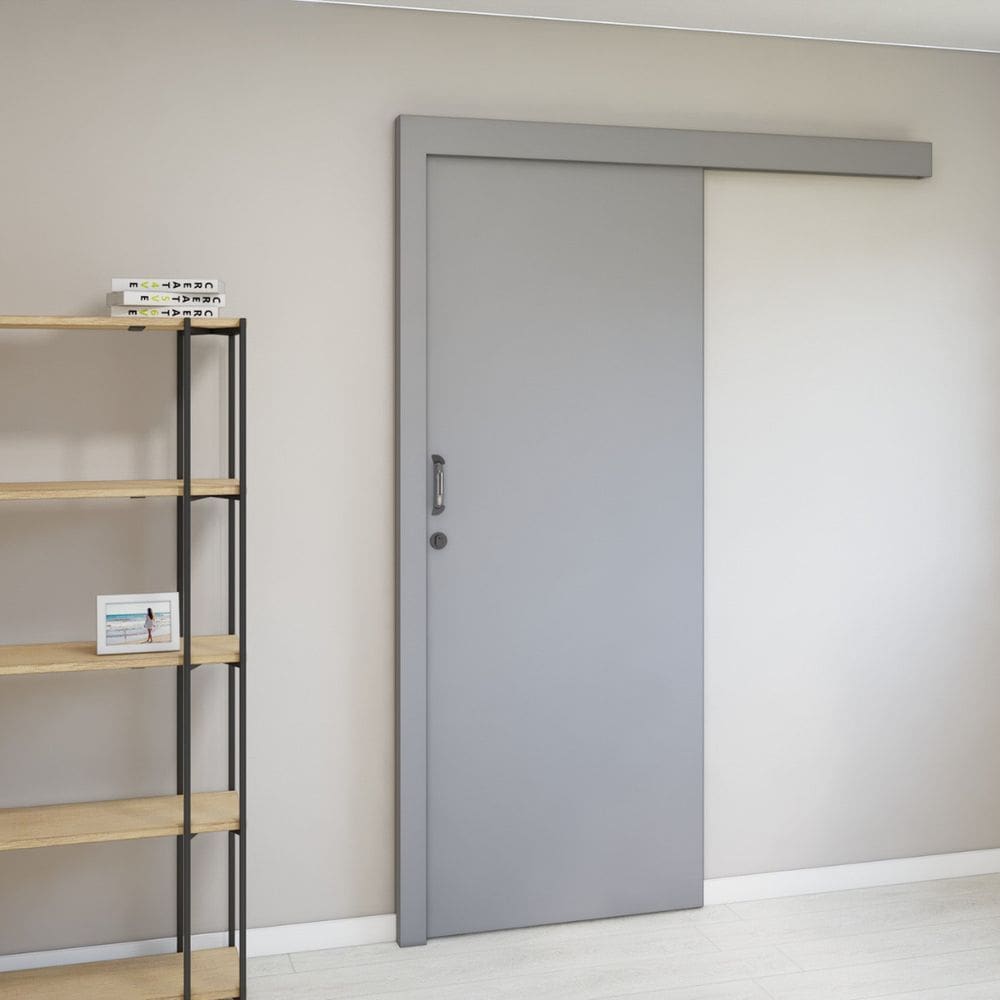Kit Porta de Correr Completa 90x213x14 com Ferragens Cinza