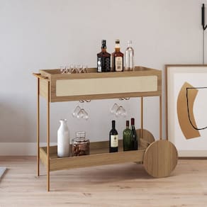 Carrinho Bar 1 Gaveta 110cm com Porta Taças Palhinha Pé Metal Oslo Hanover/Dourado