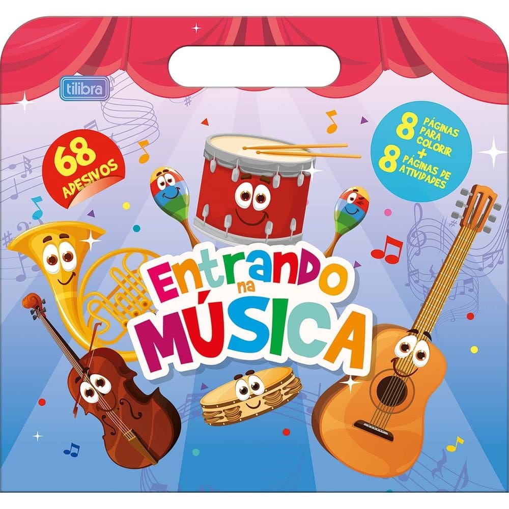 Livro Cartilha de Atividades Maleta Música 68 Adesivos Aprender, Brincar e Colorir 16 Páginas Tilibra