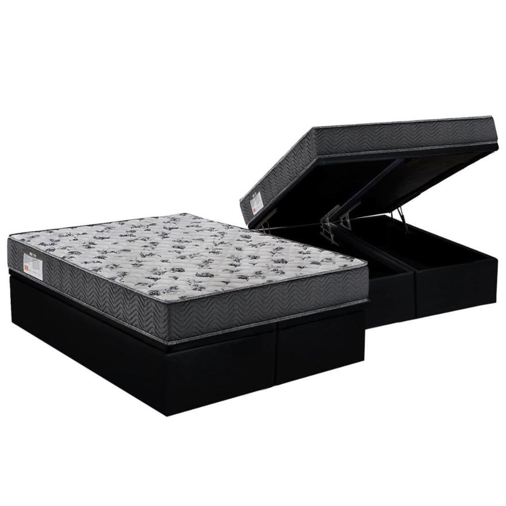 Cama Box Baú Queen: Colchão Espuma Ortobom D33 / EP ISO 100 Ultra Firme + Base CRC Suede Black(158x198)