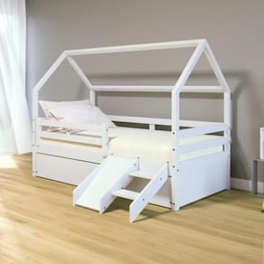 Bicama Casinha Solteiro Slim Rb Com Kit Escada/escorregador Grade De Proteção Branco Housin