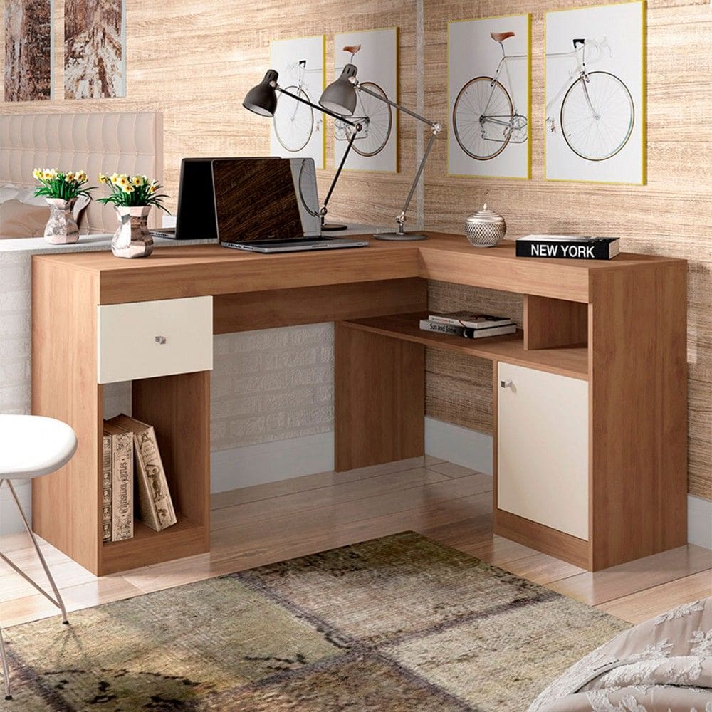 Mesa para Escritório Nilo 1 Porta 1 Gaveta Lamina Marrom/Off White - Caemmun