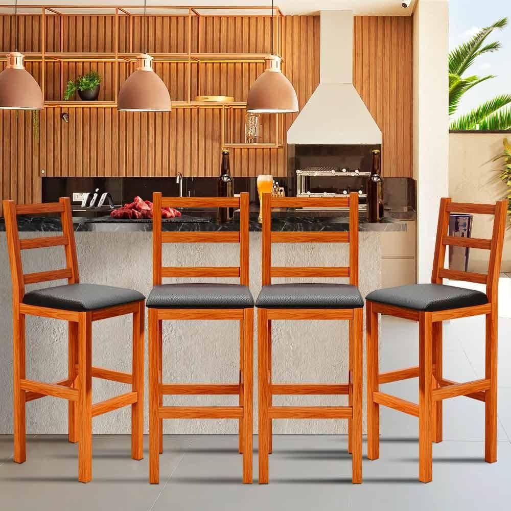 Kit 4 Banquetas Para Área De Churrasco Madeira Maciça Assento Estofado Preto Gal Shop JM