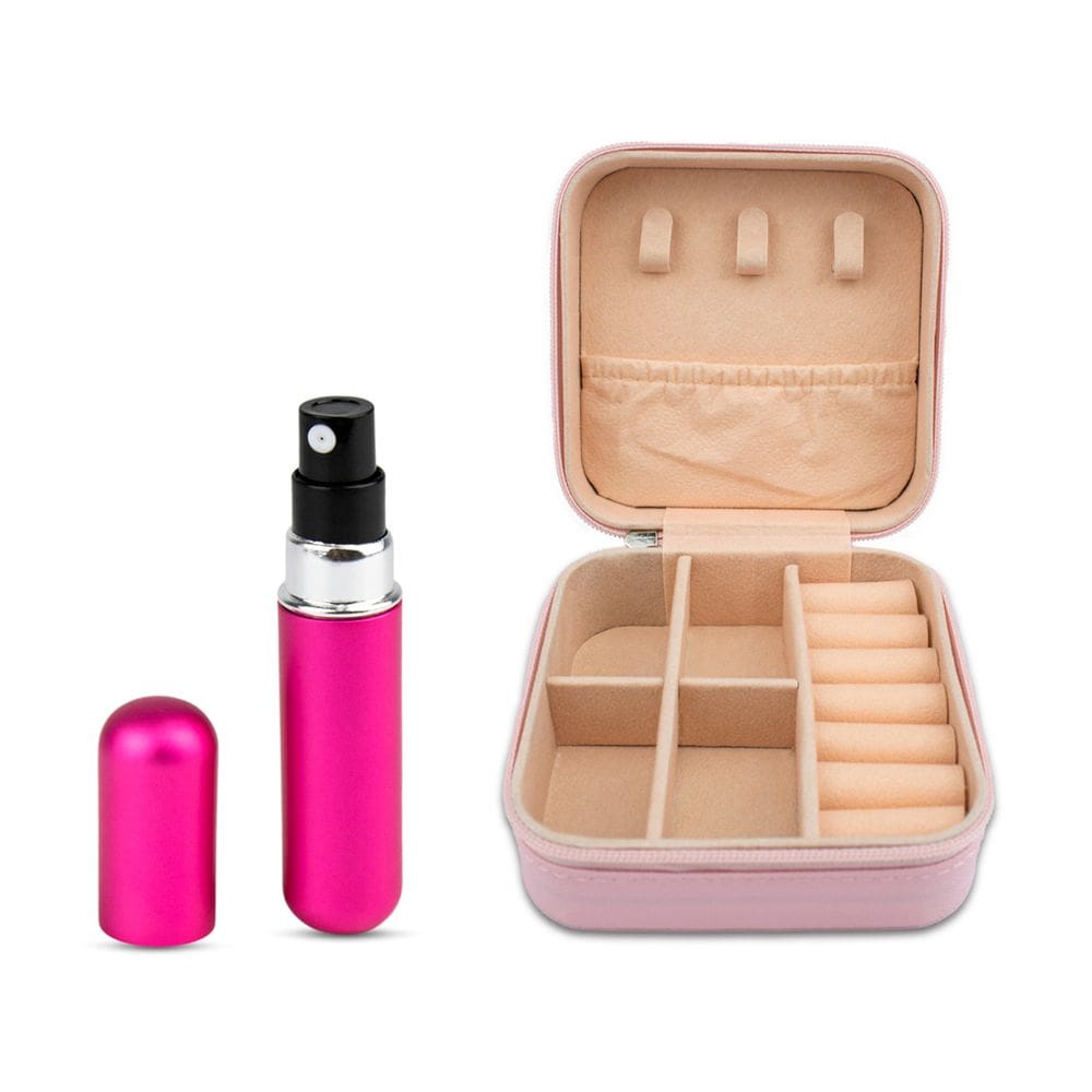 Kit Viagem Mini Porta Joias Rosa + Porta Perfumes Spray 5ml