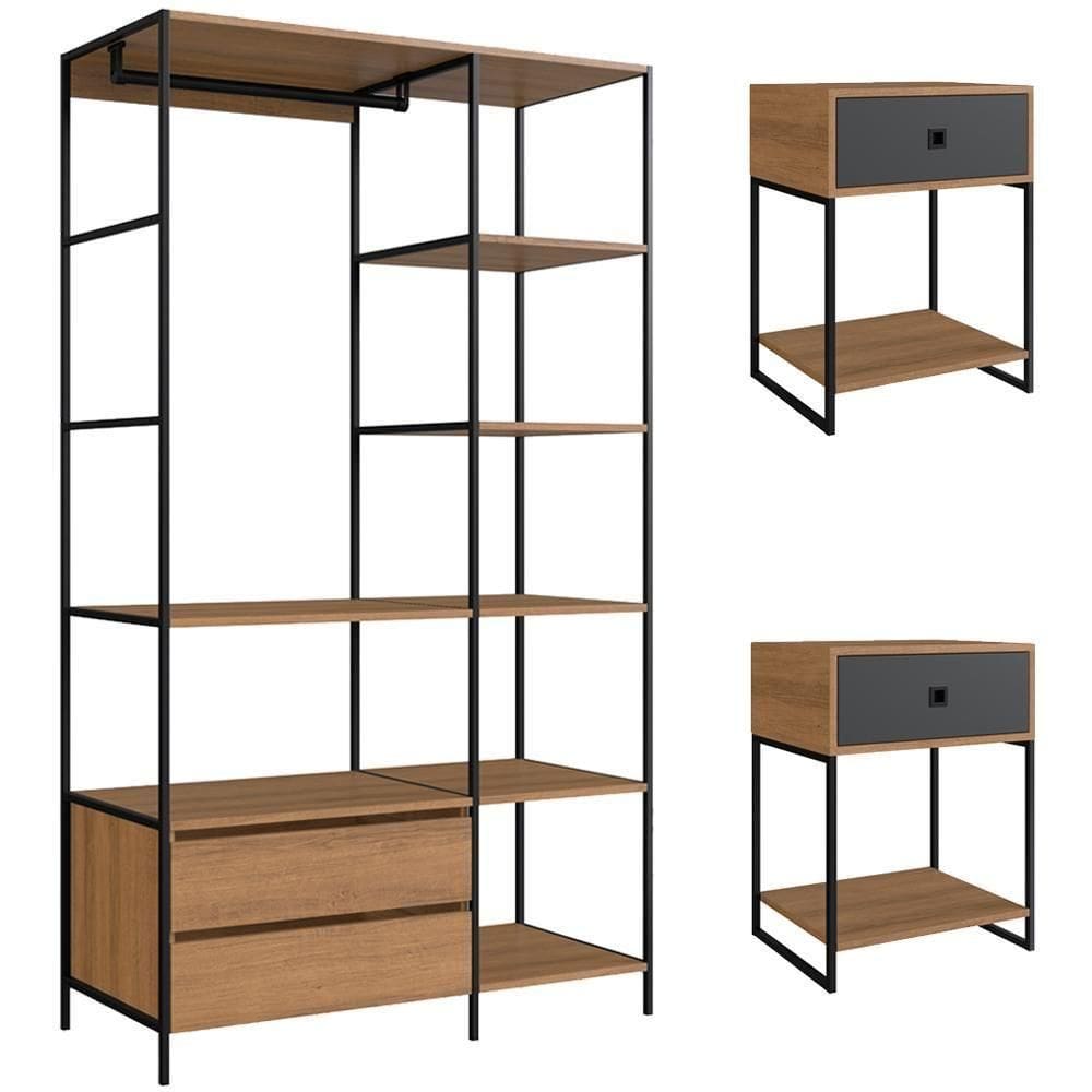 Kit Roupeiro E 02 Mesas Cabeceira Industrial 1025x1026 Mell Grafite Pp Mell Grafite