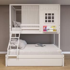 Treliche Casinha Reta Casal/ Solteiro Com Cortina Madeira Maciça Branco Housin