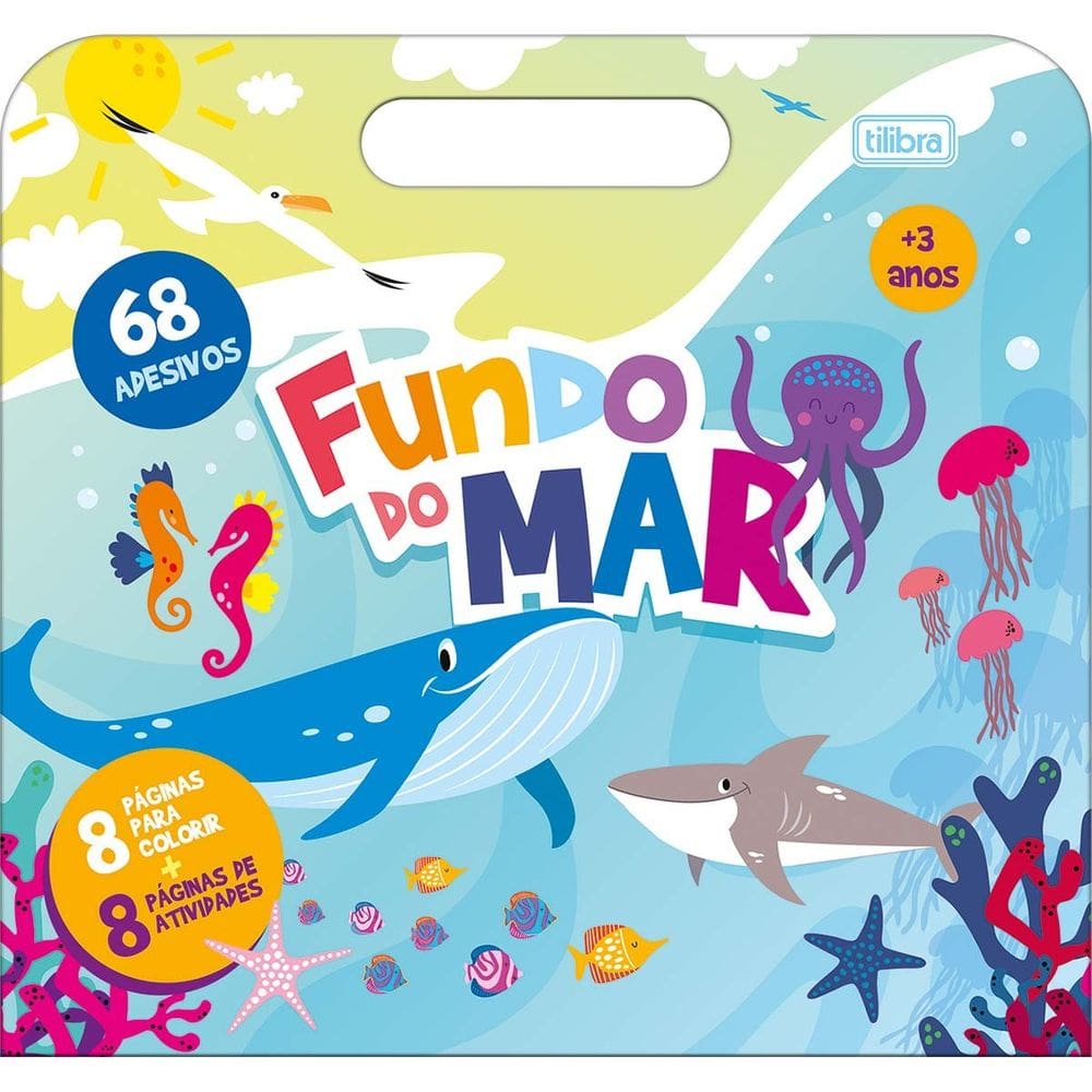 Livro Cartilha de Atividades Maleta Fundo do Mar 68 Adesivos Aprender, Brincar e Colorir 16 Páginas Tilibra