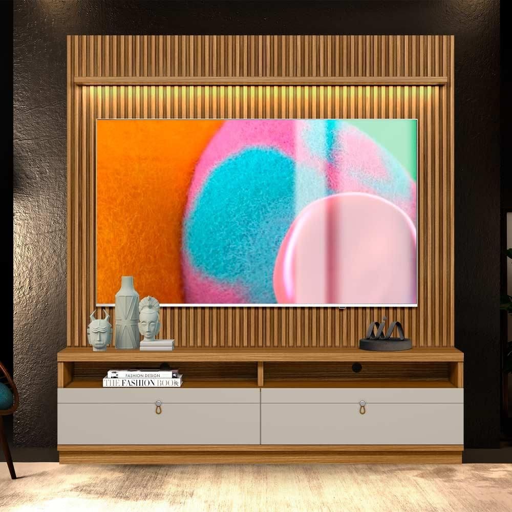 Painel Com Rack Para TV Até 75 Polegadas Ripado Nature Off White Shop Jm