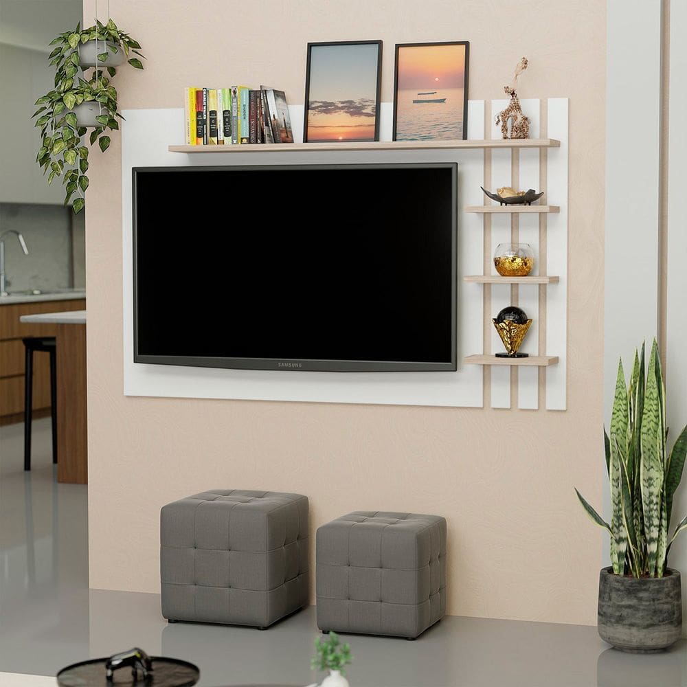 Painel de Tv Ripado até 32 Polegadas com Prateleiras Carvalho / Off White