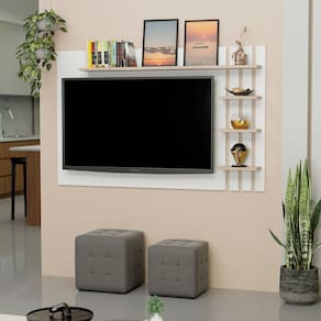 Painel de Tv Ripado até 32 Polegadas com Prateleiras Carvalho / Off White