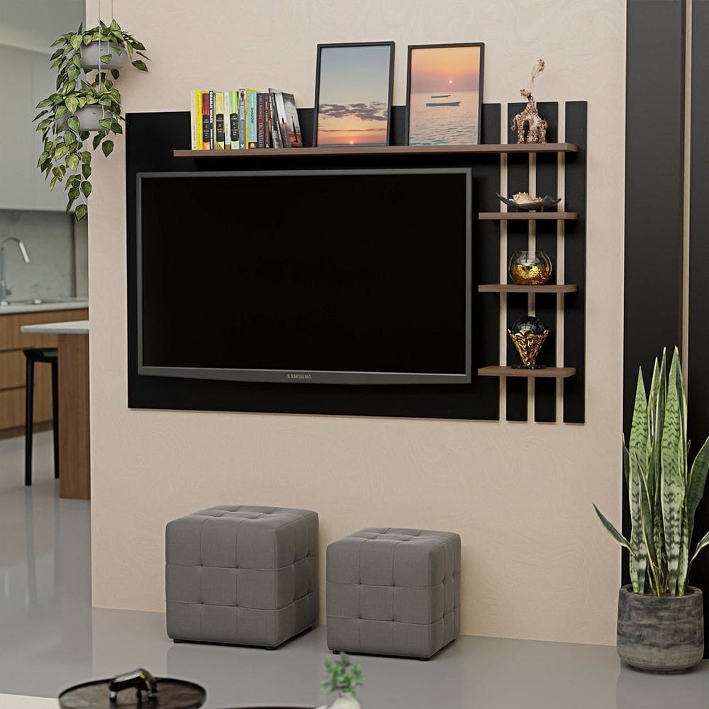 Painel de Tv Ripado até 32 Polegadas com Prateleiras Marrom/Preto