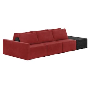 Sofá Ilha 3 Lugares Living 312cm Modulado Sala Lary Veludo Vermelho/PU Pto K01 - D`Rossi