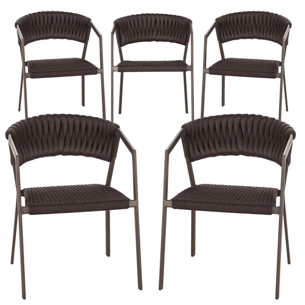 5 Cadeiras Atenas Tricô Náutico e Alumínio com Proteção UV para Varanda, Cozinha, Área, Jardim - Pintura Marrom