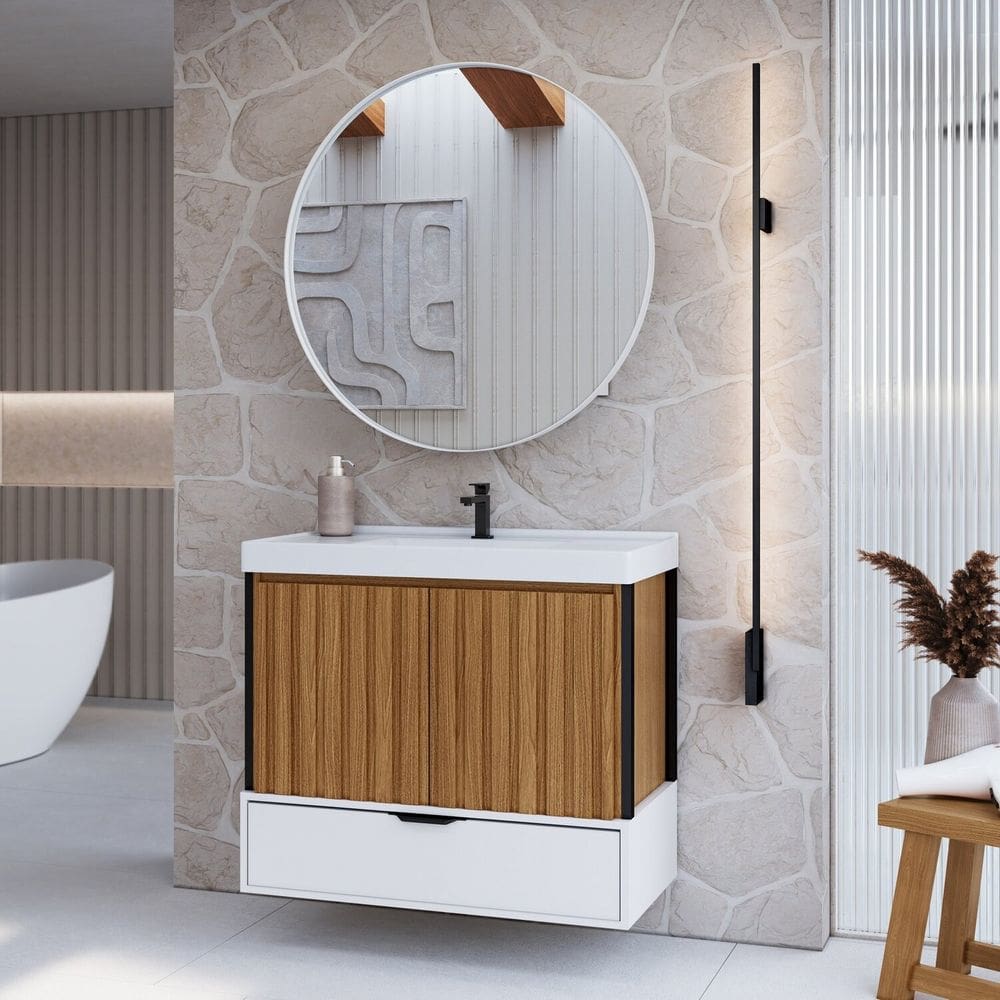 Conjunto Gabinete e Espelheira para Banheiro Freijó/Branco
