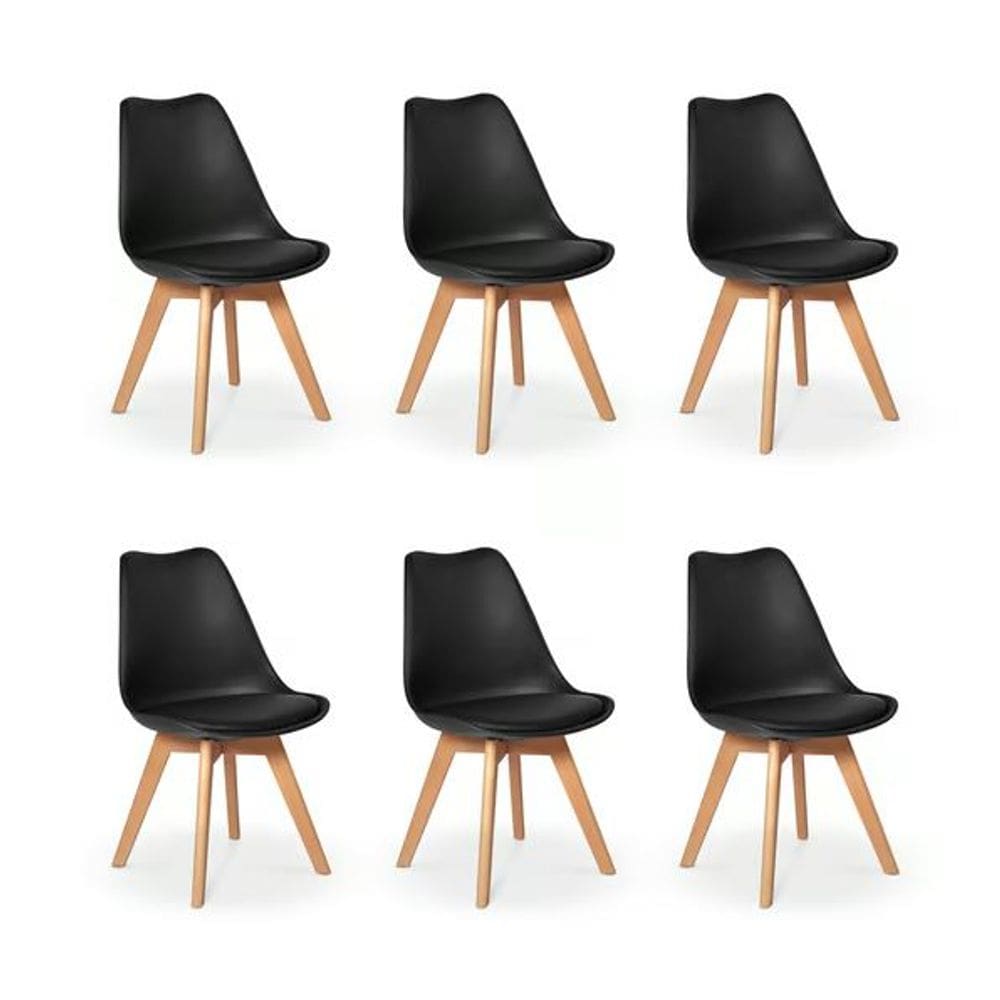 Kit com 6 Cadeira Leda Preta - Charles Eames Wood com Almofada