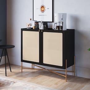 Balcão Bar 2 Portas 93 Cm Palhinha Pé Metal Oslo Nero/Dourado