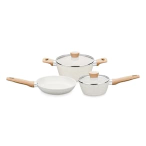 Jogo de Panelas Carmela Vanilla MTA 3 Peças com Revestimento Cerâmico Marmorizado Antiaderente Cerâmic-Flon e Soft-Touch