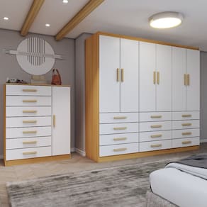 Quarto Completo Casal Catedral 7 Portas 19 Gavetas Cinamomo/Branco - Panorama Móveis